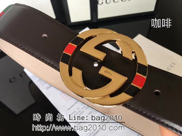 古馳CUCCI 紅綠織布頭層牛皮接頭尾 配純銅扣 百搭休閒款男士皮帶 GHG1181